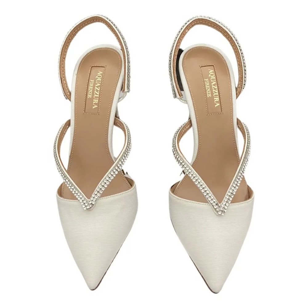 Preowned Aquazzura Firenze White Heels Crystal Pumps Slingback Sandals Bridal